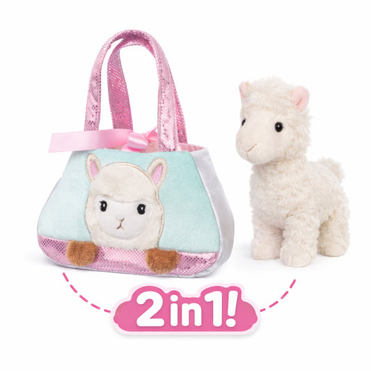 Set geanta pentru copii cu jucarie de plus Fancy Pals, 2 in 1, alpaca alba, geanta multicolorata, 20 cm