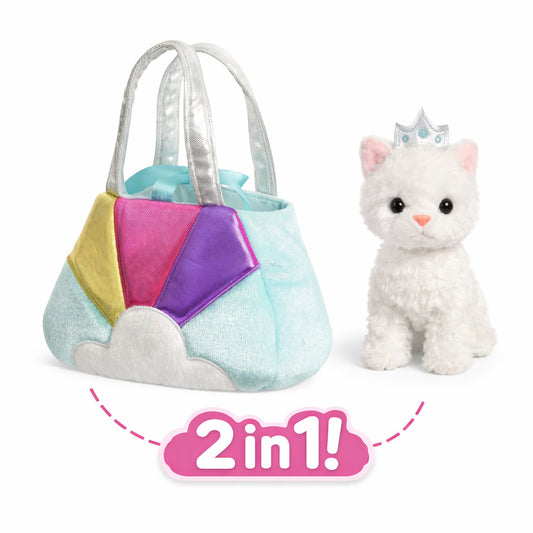 Set geanta pentru copii cu jucarie de plus Fancy Pals, 2 in 1, pisica alba, geanta multicolorata, 20 cm