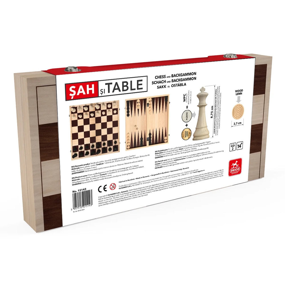 Joc Sah si Table Deluxe, cutie lemn, dimensiuni oficiale de concurs, rege 8.75 cm