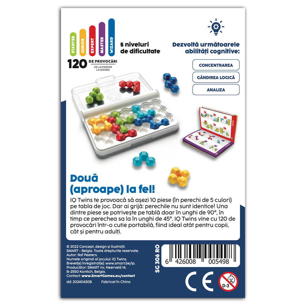 Smart Games - IQ Twins, joc de logica cu 120 de provocari, 7+ ani, editie lb. Romana