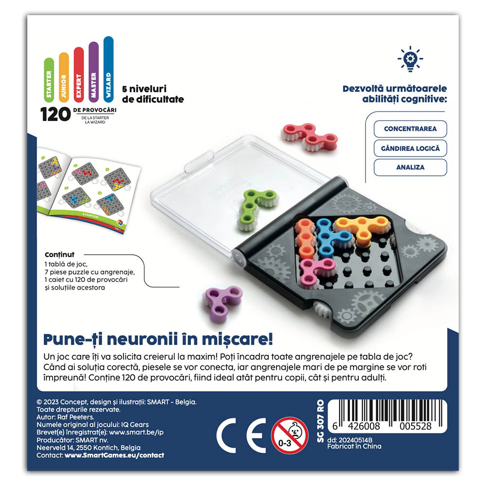 Smart Games - IQ Gears, joc de logica cu 120 de provocari, 7+ ani, editie lb. Romana