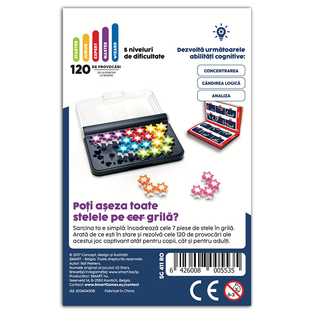 Smart Games - IQ Stars, joc de logica cu 120 de provocari, 6+ ani, editie lb. Romana