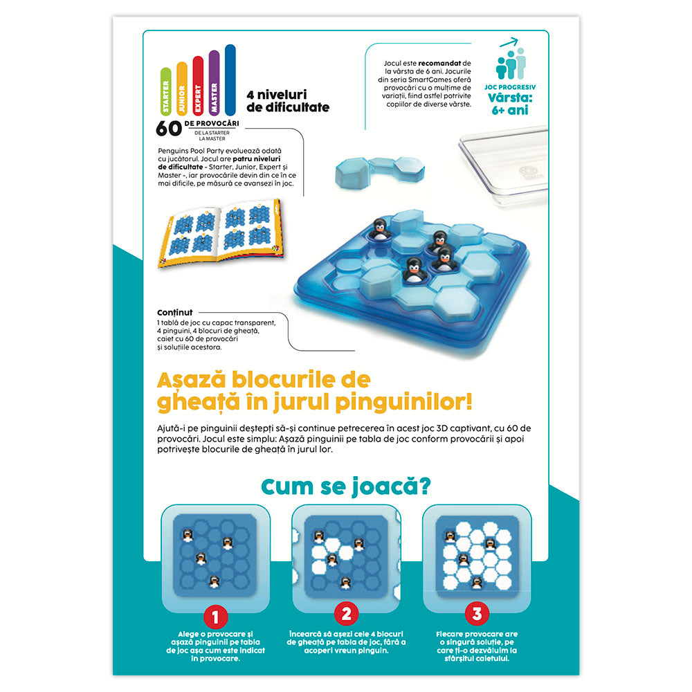 Smart Games - Penguins Pool Party, joc de logica cu 60 de provocari, 6+ ani, editie lb. Romana