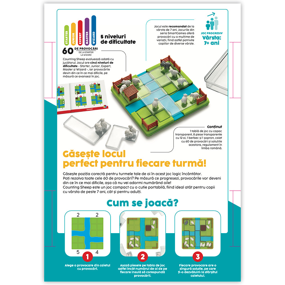 Smart Games - Counting Sheep, joc de logica cu 60 de provocari, 7+ ani, editie lb. Romana