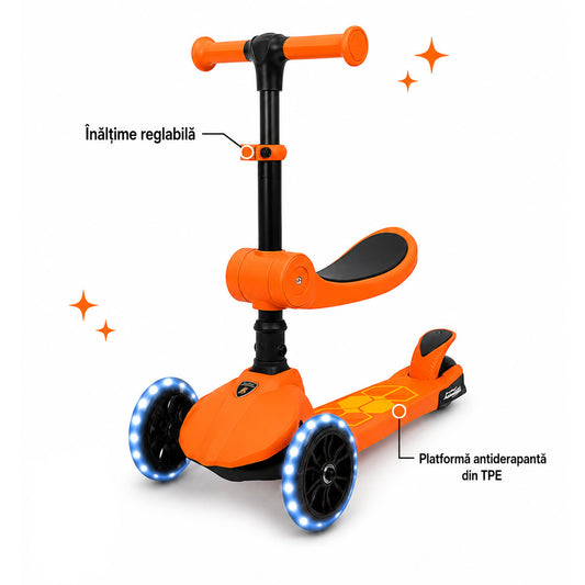Trotineta copii pliabila, portocaliu, Lamborghini Kick'n'Roll L5 2in1, cu 3 roti luminoase, ghidon reglabil, scaun retractabil, 3+ ani, suport maxim 50kg, suport maxim 20 kg scaun
