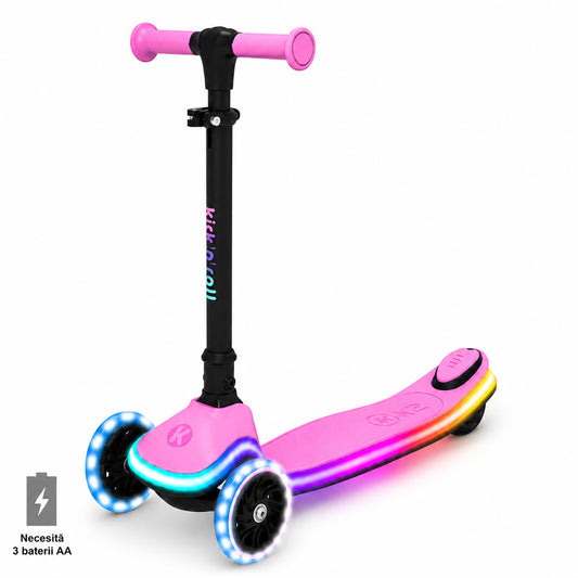 Trotineta copii pliabila, roz, Kick'n'Roll X2, cu 3 roti luminoase si platforma cu banda de LED multicolorata, ghidon reglabil, 3+ ani, suport maxim 50 kg
