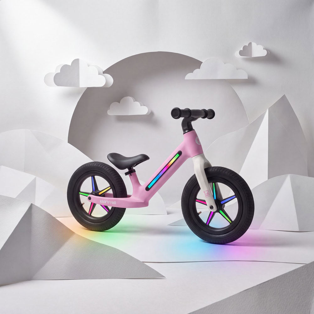 Bicicleta fara pedale pentru copii, roz, Kick'n'Roll B360, reglabila, cadru si spite cu efecte luminoase, 3+ ani, suport maxim 30 kg
