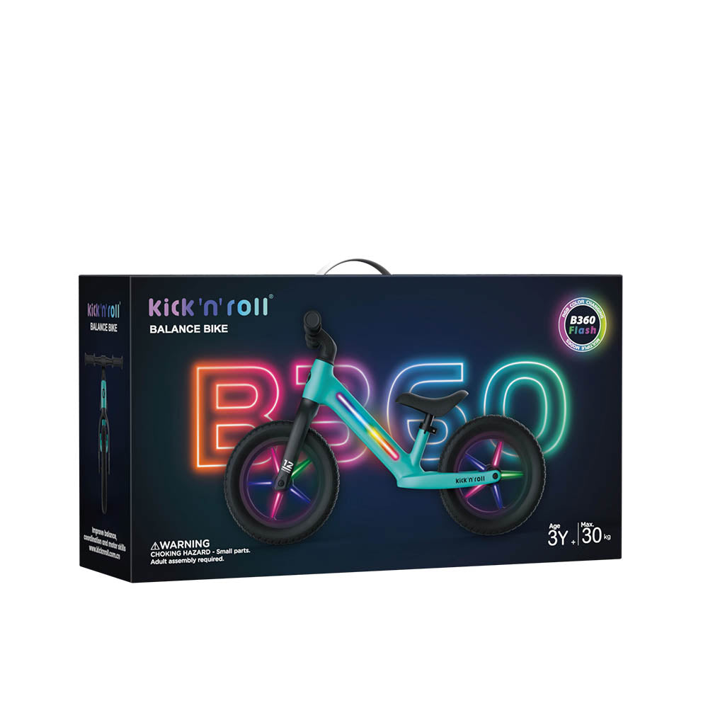 Bicicleta fara pedale pentru copii, turcoaz, Kick'n'Roll B360, reglabila, cadru si spite cu efecte luminoase, 3+ ani, suport maxim 30 kg