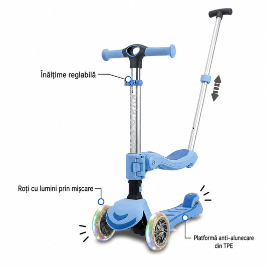 Trotineta copii pliabila 3 in 1, albastru, Kick'n'Roll S6 ECO, cu bara de impingere detasabila, ghidon reglabil, scaun detasabil, cu 3 roti luminoase, 3+ ani, suport maxim 50kg, suport maxim 20 kg scaun