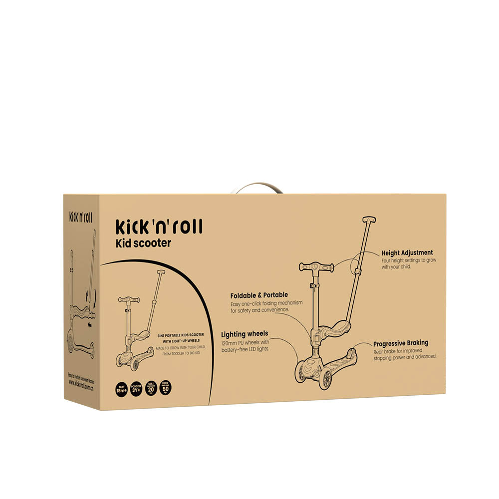 Trotineta copii pliabila 3 in 1, albastru, Kick'n'Roll S6 ECO, cu bara de impingere detasabila, ghidon reglabil, scaun detasabil, cu 3 roti luminoase, 3+ ani, suport maxim 50kg, suport maxim 20 kg scaun
