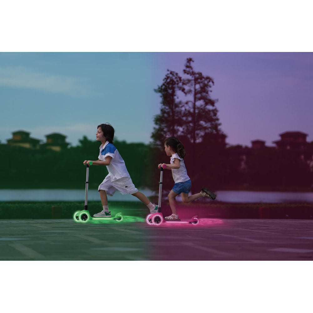 Trotineta copii pliabila, verde, Kick'n'Roll L5 Jelly, cu 3 roti luminoase si platforma cu banda de LED multicolorata, ghidon reglabil, 3+ ani, suport maxim 50kg