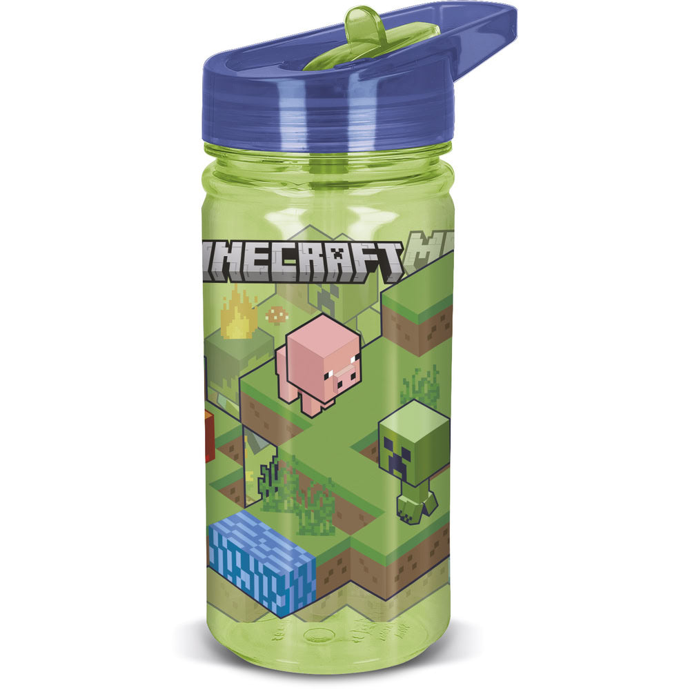 Sticla de apa pentru copii, din plastic, cu pai incorporat si cioc flip-up cu sistem antiscurgere, maner de agatare, licenta Minecraft, 475 ml, din materiale Ecozen, verde - STOR