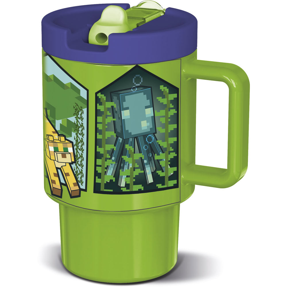 Cana cu maner pentru copii, din plastic, capac cu filet, pai incorporat si cioc flip-up cu sistem antiscurgere, cu licenta Minecraft, 530 ml, potrivit pentru microunde, verde - STOR