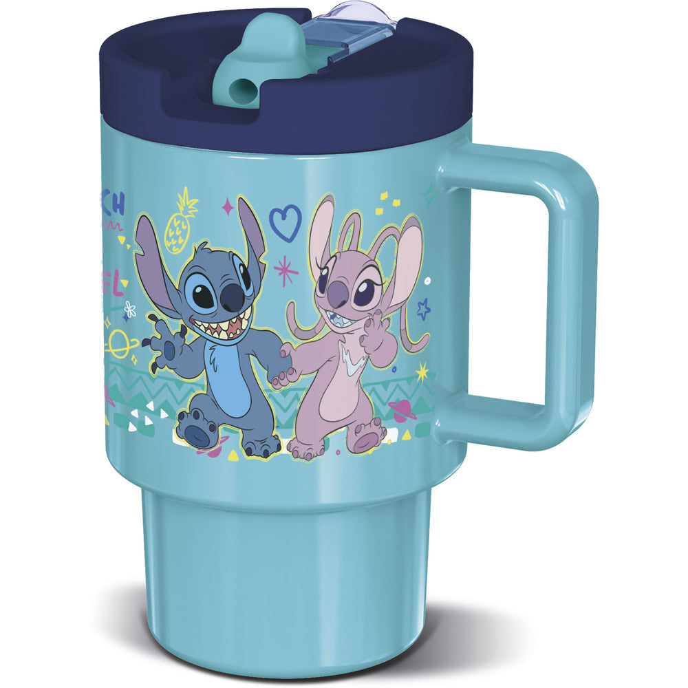 Cana cu maner pentru copii, din plastic, capac cu filet, pai incorporat si cioc flip-up cu sistem antiscurgere, cu licenta Stitch, 530 ml, potrivit pentru microunde, albastru - STOR