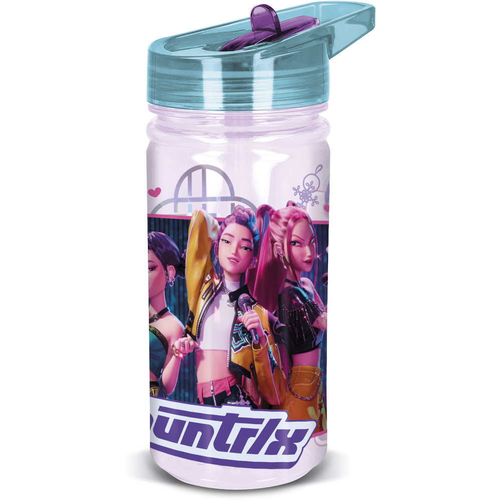 Sticla de apa pentru copii, din plastic, cu pai incorporat si cioc flip-up cu sistem antiscurgere, maner de agatare, licenta Demon Hunters, 475 ml, din materiale Ecozen, mov - STOR