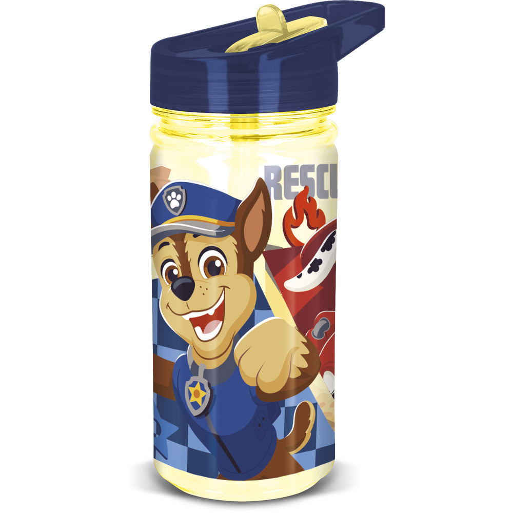 Sticla de apa pentru copii, din plastic, cu pai incorporat si cioc flip-up cu sistem antiscurgere, maner de agatare, licenta Patrula Catelusilor, Boy Rescue Pups, 475 ml, din materiale Ecozen, galben - STOR