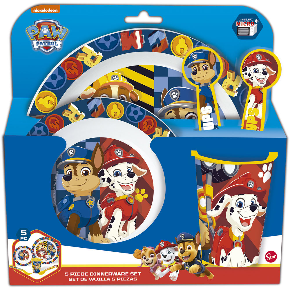 Set masa pentru copii, din plastic - 5 piese, farfurii, pahar 260 ml si tacamuri, cu licenta Patrula Catelusilor, Boy Rescue Pups, potrivit pentru microunde, ambalaj cu euro-agatatoare