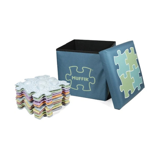 Cutie de depozitare turcoaz, pentru organizarea covoraselor si accesoriilor senzoriale ortopedice Muffik, 35 x 35 x 35 cm