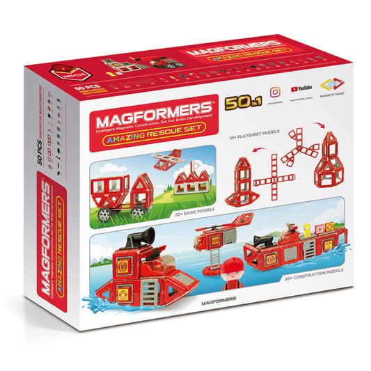 Joc magnetic de construcție Magformers Amazing Rescue Set - Statia de Pompieri, 50 piese
