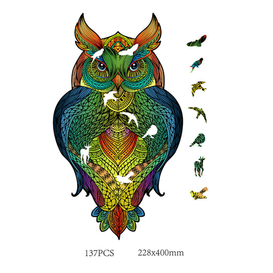 Imagine Puzzle din lemn multicolorat - Bufnita, 137 piese