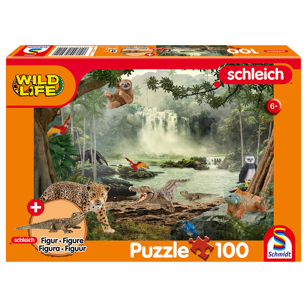 Puzzle Schmidt: Viata salbatica, in padurea tropicala, 100 piese + Cadou: figurina pui de crocodil