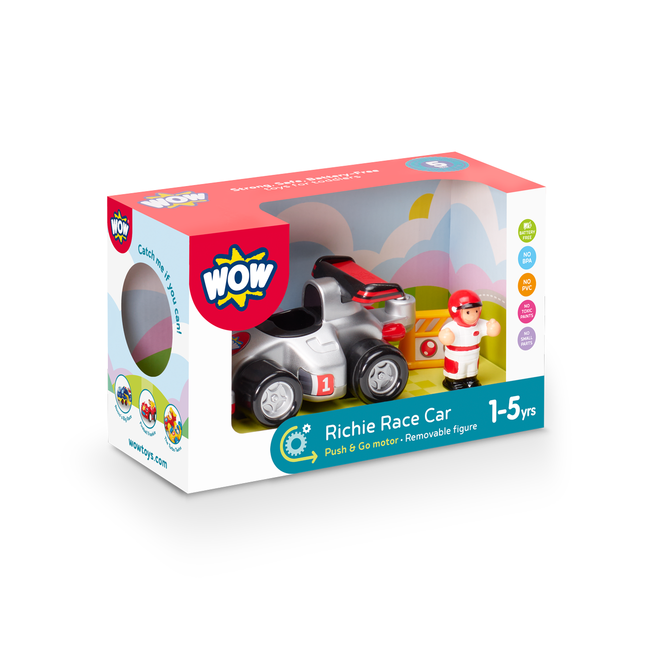 Jucarie pentru copii WOW Toys, Masina de curse si cu obstacol, Richie Race Car