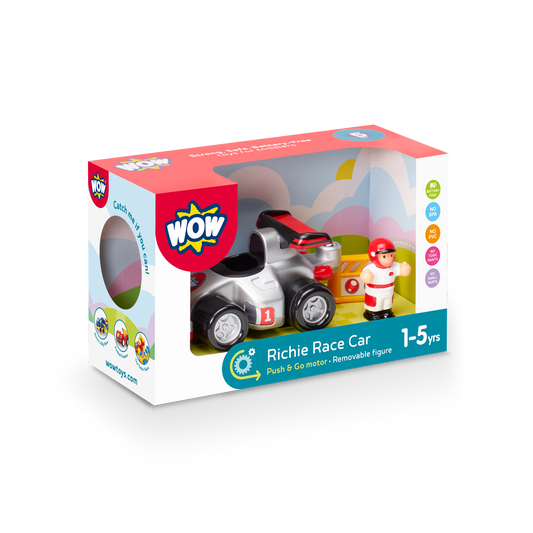 Jucarie pentru copii WOW Toys, Masina de curse si cu obstacol, Richie Race Car