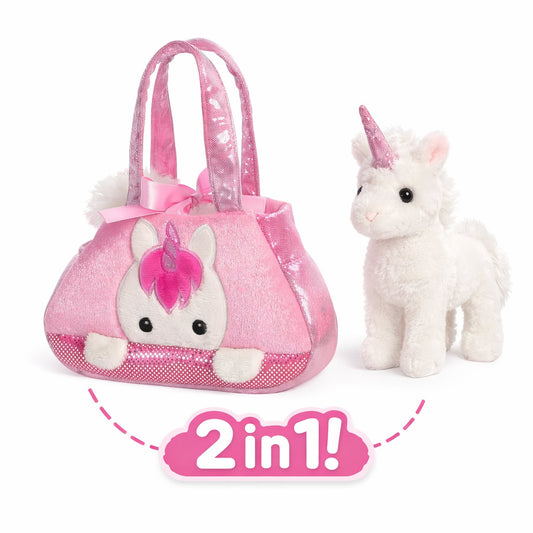 Set geanta pentru copii cu jucarie de plus Fancy Pals, 2 in 1, unicorn alb, geanta roz, 20 cm