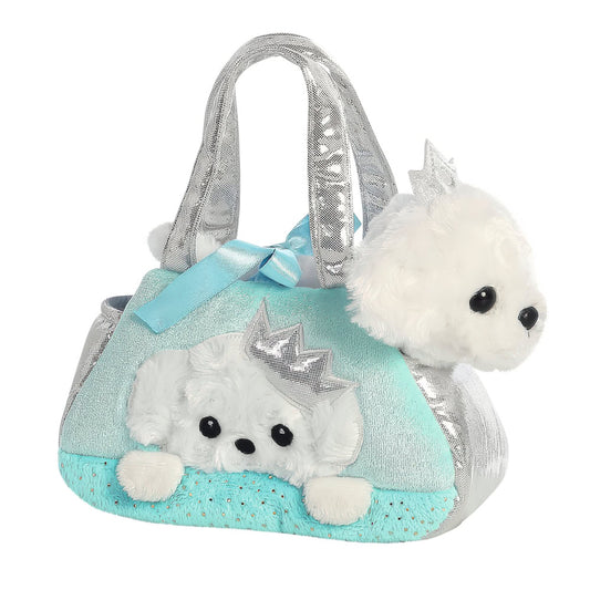 Set geanta pentru copii cu jucarie de plus Fancy Pals, 2 in 1, catel alb, geanta multicolorata, 20 cm