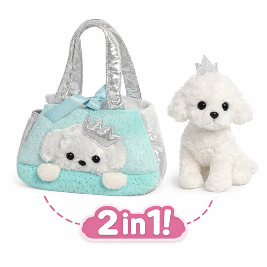 Set geanta pentru copii cu jucarie de plus Fancy Pals, 2 in 1, catel alb, geanta multicolorata, 20 cm