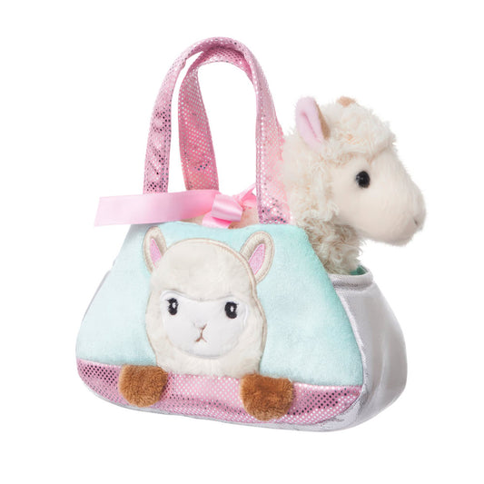 Set geanta pentru copii cu jucarie de plus Fancy Pals, 2 in 1, alpaca alba, geanta multicolorata, 20 cm