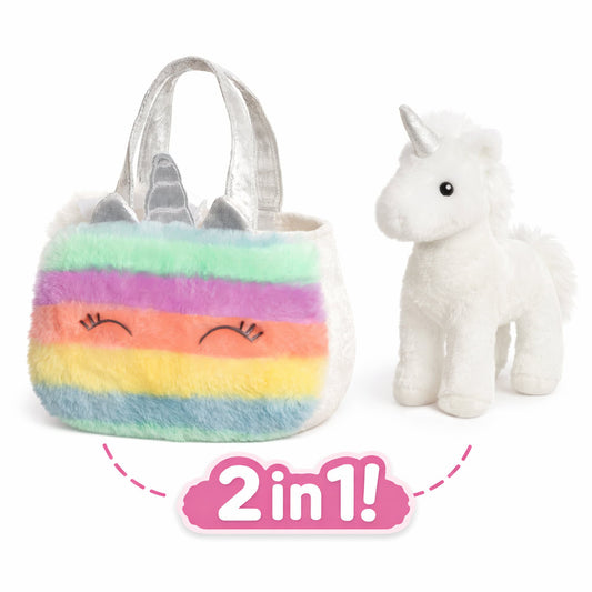 Set geanta pentru copii cu jucarie de plus Fancy Pals, 2 in 1, unicorn alb, geanta multicolorata, 20 cm