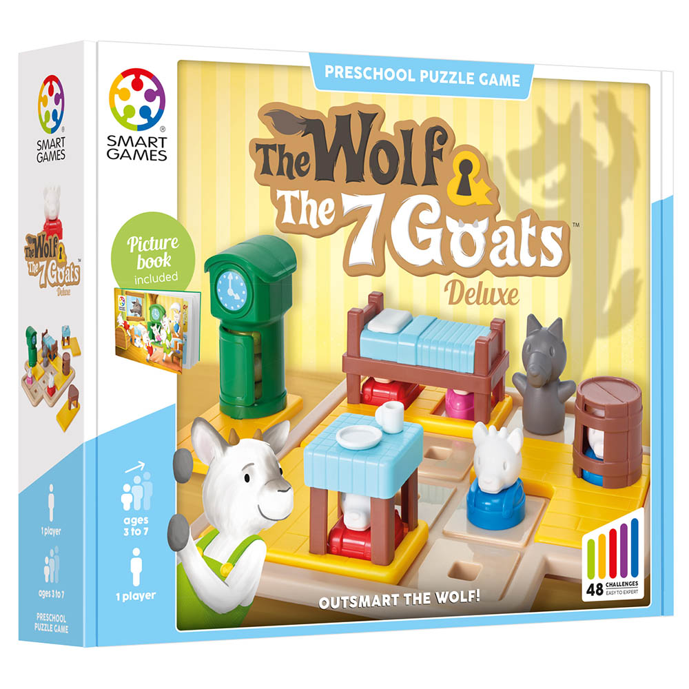 Smart Games - The Wolf & The 7 Goats - Deluxe, joc de logica cu 48 de provocari, 3+ ani,  editie internationala