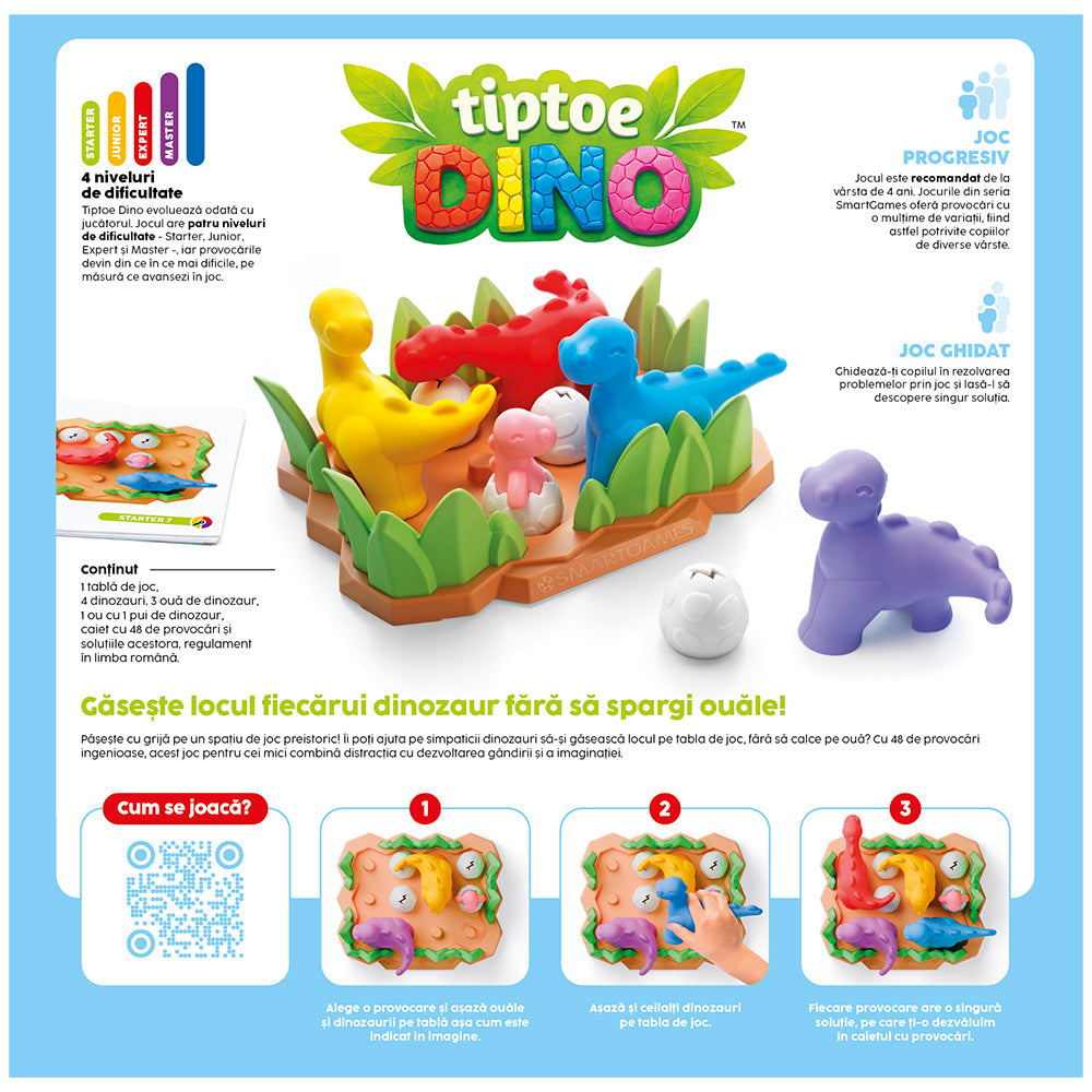 Smart Games - Tiptoe Dino, joc de logica cu 48 de provocari, 4+ ani, editie lb. Romana