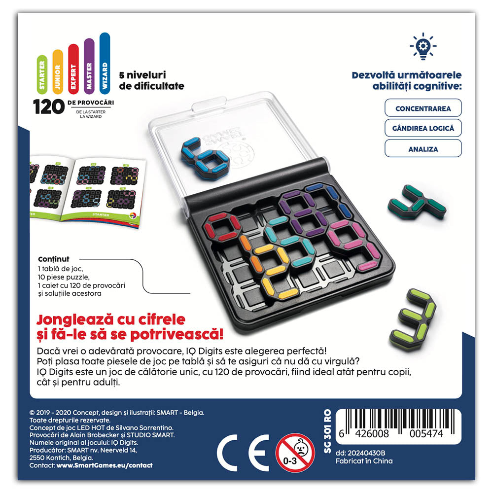 Smart Games - IQ Digits, joc de logica cu 120 de provocari, 7+ ani, editie lb. Romana