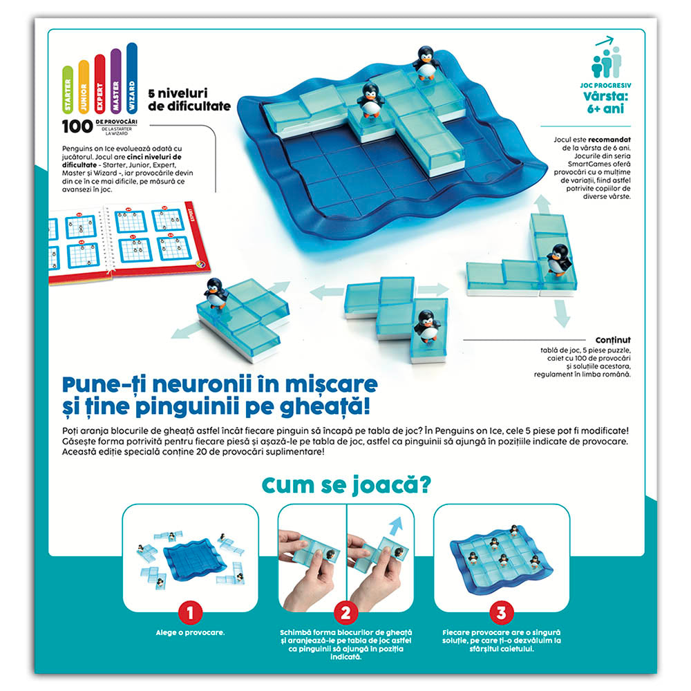 Smart Games - Penguins on Ice, joc de logica cu 100 de provocari, 6+ ani, editie lb. Romana