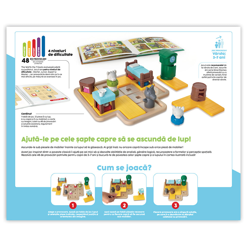 Smart Games - The Wolf & The 7 Goats - Deluxe, joc de logica cu 48 de provocari, 3+ ani,  editie lb. Romana