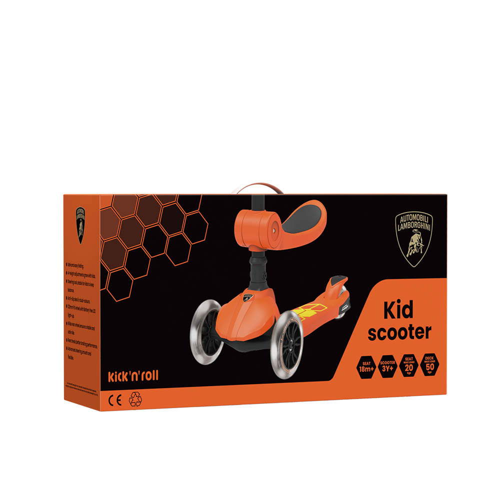 Trotineta copii pliabila, portocaliu, Lamborghini Kick'n'Roll  L5 2in1, cu 3 roti luminoase, ghidon reglabil, scaun retractabil, 3+ ani, suport maxim 50kg, suport maxim 20 kg scaun