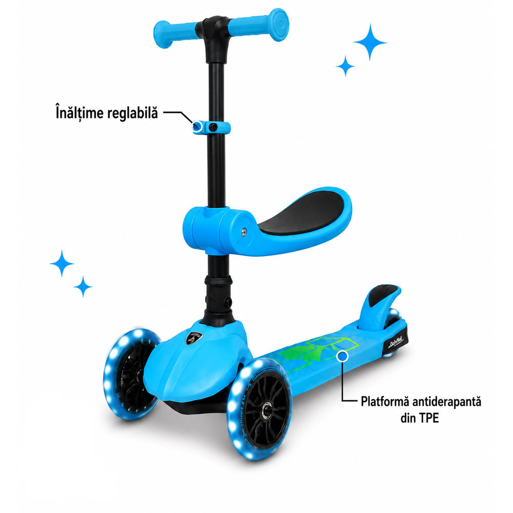 Trotineta copii pliabila, albastru, Lamborghini Kick'n'Roll  L5 2in1, cu 3 roti luminoase, ghidon reglabil, scaun retractabil, 3+ ani, suport maxim 50kg, suport maxim 20 kg scaun
