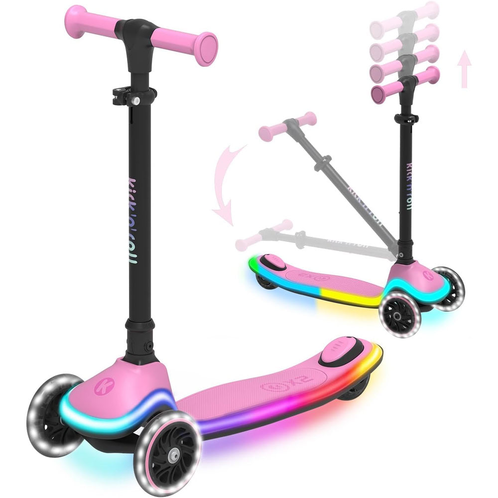 Trotineta copii pliabila, roz, Kick'n'Roll X2, cu 3 roti luminoase si platforma cu banda de LED multicolorata, ghidon reglabil, 3+ ani, suport maxim 50 kg