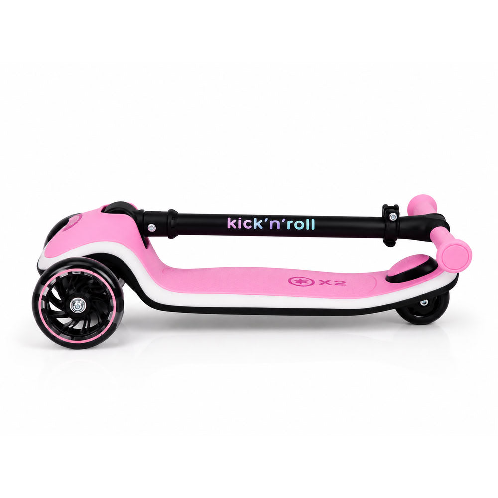 Trotineta copii pliabila, roz, Kick'n'Roll X2, cu 3 roti luminoase si platforma cu banda de LED multicolorata, ghidon reglabil, 3+ ani, suport maxim 50 kg