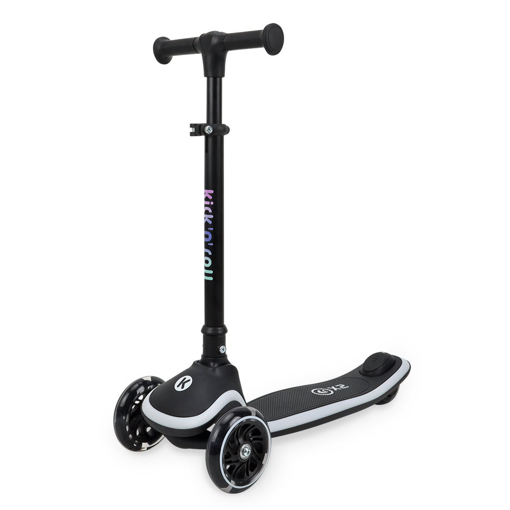 Trotineta copii pliabila, negru, Kick'n'Roll X2, cu 3 roti luminoase si platforma cu banda de LED multicolorata, ghidon reglabil, 3+ ani, suport maxim 50 kg
