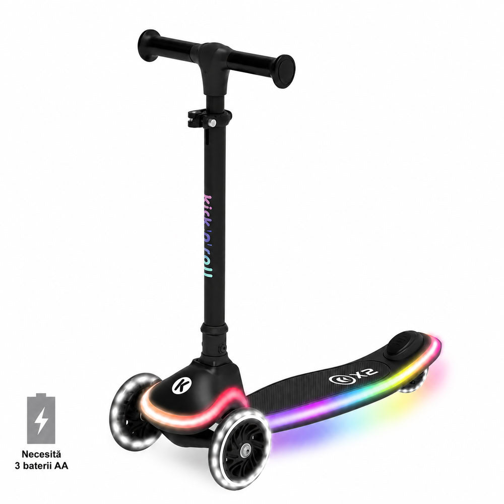 Trotineta copii pliabila, negru, Kick'n'Roll X2, cu 3 roti luminoase si platforma cu banda de LED multicolorata, ghidon reglabil, 3+ ani, suport maxim 50 kg