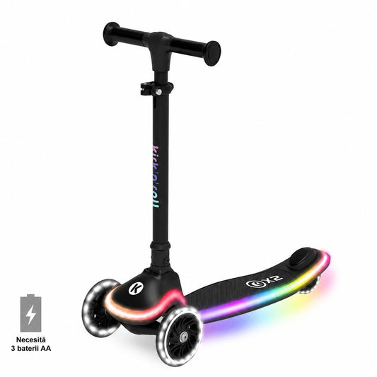 Trotineta copii pliabila, negru, Kick'n'Roll X2, cu 3 roti luminoase si platforma cu banda de LED multicolorata, ghidon reglabil, 3+ ani, suport maxim 50 kg