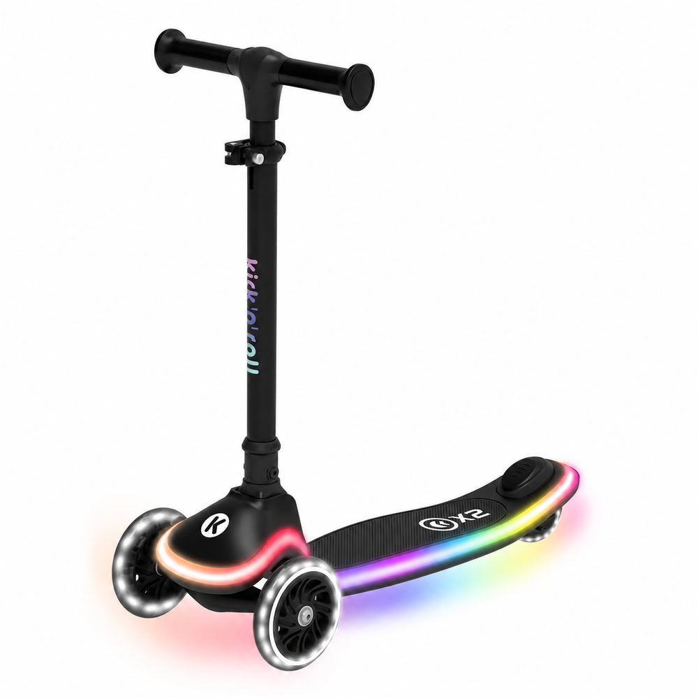Trotineta copii pliabila, negru, Kick'n'Roll X2, cu 3 roti luminoase si platforma cu banda de LED multicolorata, ghidon reglabil, 3+ ani, suport maxim 50 kg