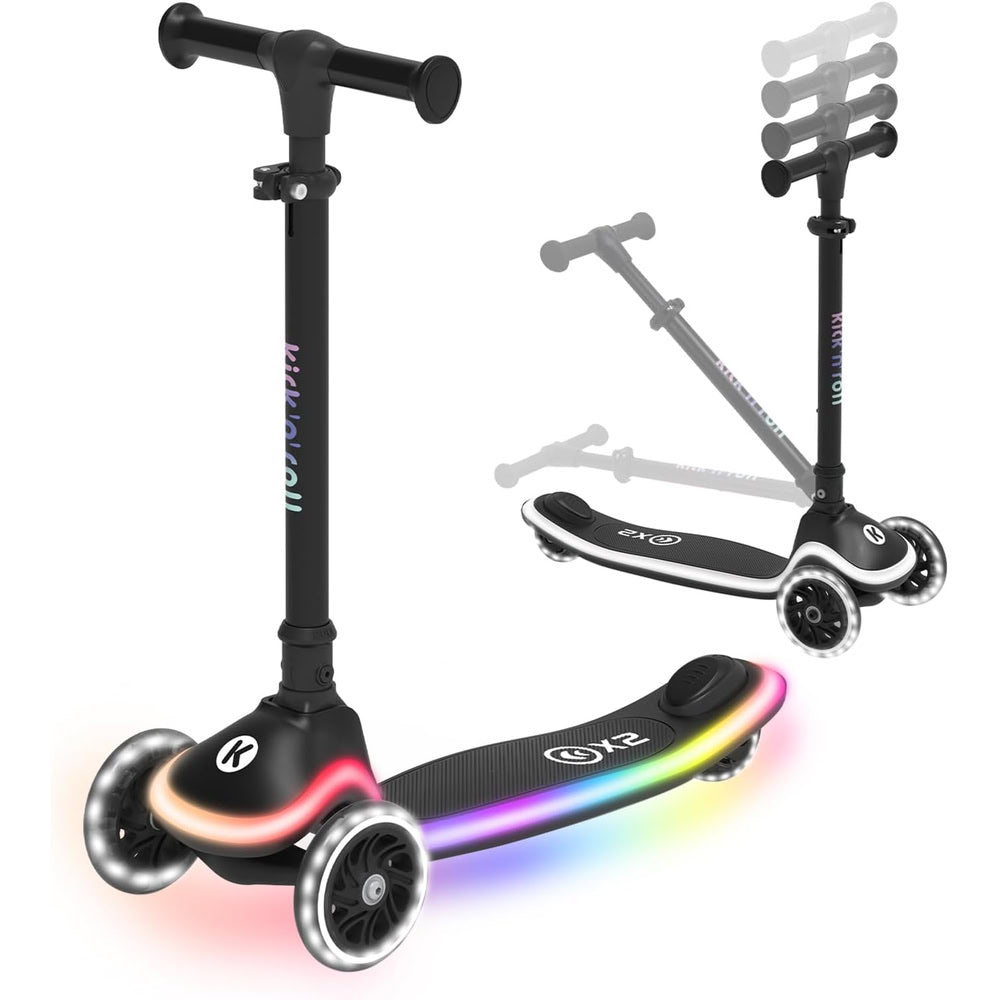 Trotineta copii pliabila, negru, Kick'n'Roll X2, cu 3 roti luminoase si platforma cu banda de LED multicolorata, ghidon reglabil, 3+ ani, suport maxim 50 kg