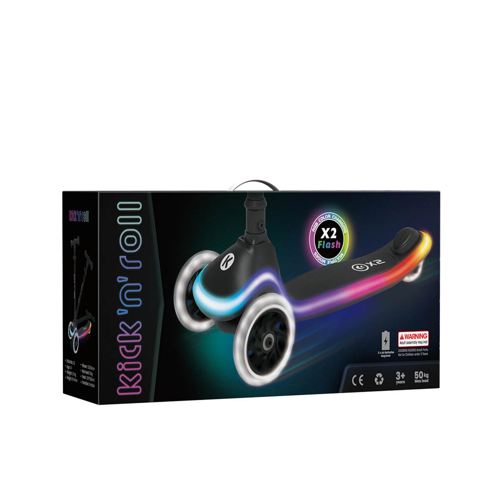 Trotineta copii pliabila, negru, Kick'n'Roll X2, cu 3 roti luminoase si platforma cu banda de LED multicolorata, ghidon reglabil, 3+ ani, suport maxim 50 kg