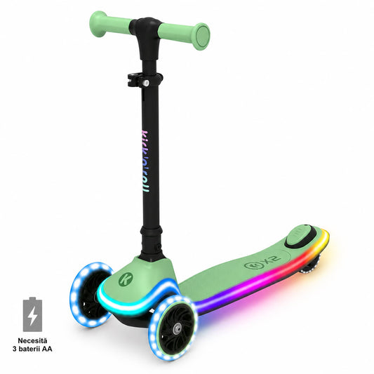 Trotineta copii pliabila, verde, Kick'n'Roll X2, cu 3 roti luminoase si platforma cu banda de LED multicolorata, ghidon reglabil, 3+ ani, suport maxim 50 kg