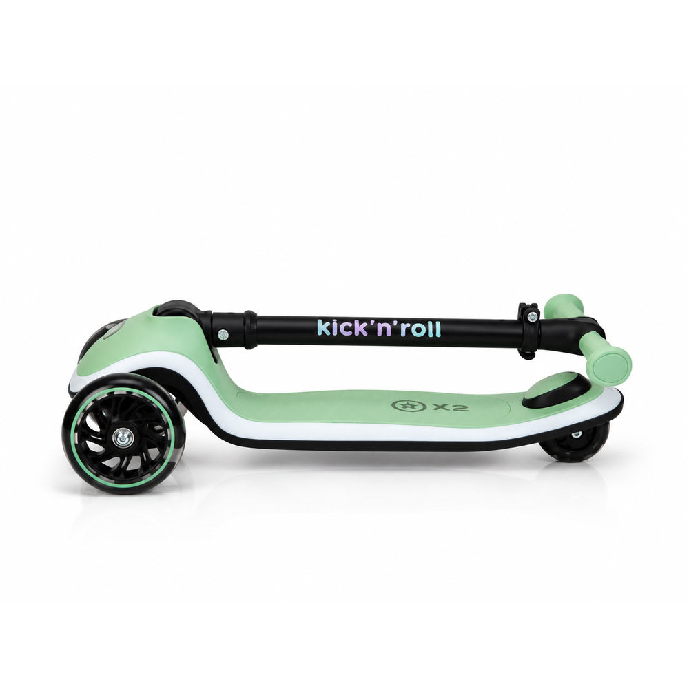 Trotineta copii pliabila, verde, Kick'n'Roll X2, cu 3 roti luminoase si platforma cu banda de LED multicolorata, ghidon reglabil, 3+ ani, suport maxim 50 kg