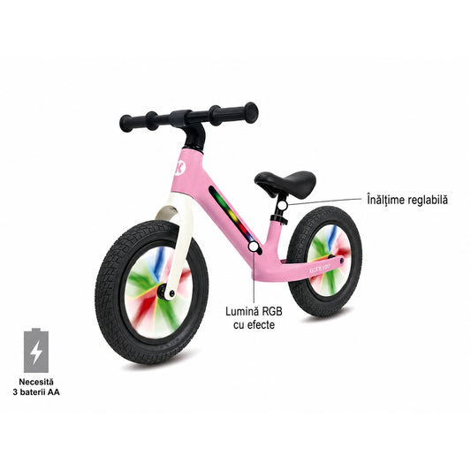 Bicicleta fara pedale pentru copii, roz, Kick'n'Roll B360, reglabila, cadru si spite cu efecte luminoase, 3+ ani, suport maxim 30 kg